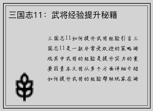 三国志11：武将经验提升秘籍